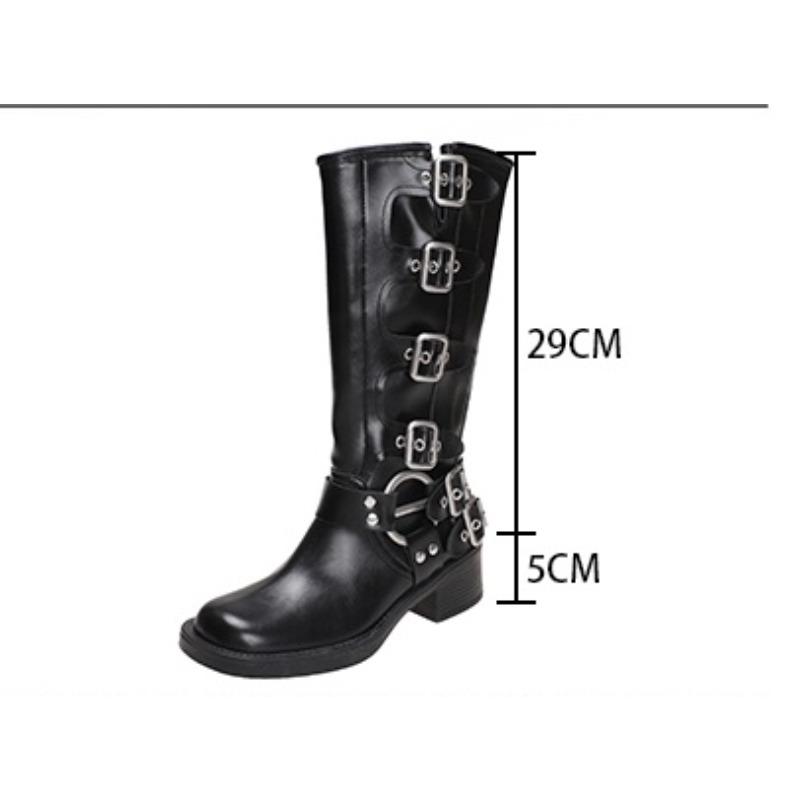 Fashion Brand Desinger Women Mid Calf Boots Microfiber Leather Square Heel Punk Motorcycle Long Booties Goth Street Shoes for Women
