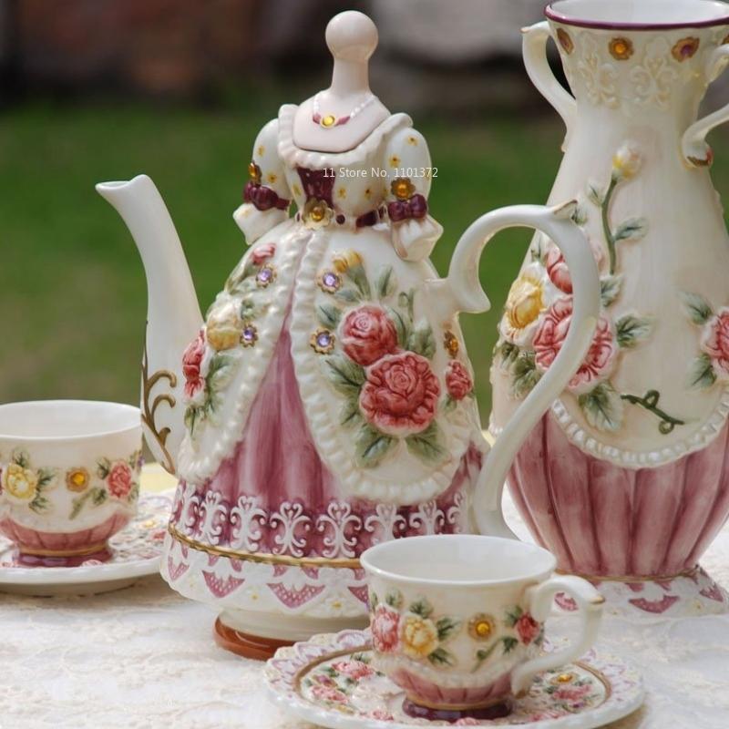 Rose European Ceramic Coffee Pot Cup and Plate Set Afternoon Camellia Tea Pot Tea Cup Wedding Gift   Tea Cup Set