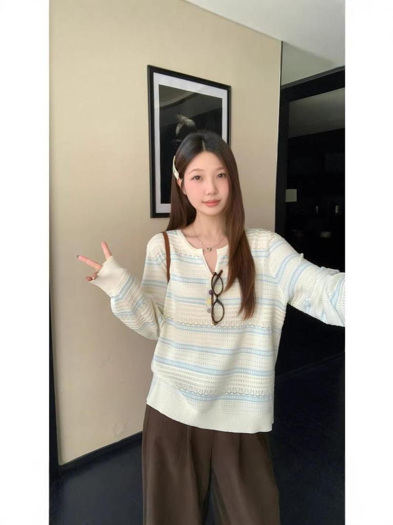 2026 Spring Plus Size Gentle Korean Stripe Knit Long Sleeve Slimming Top for Women