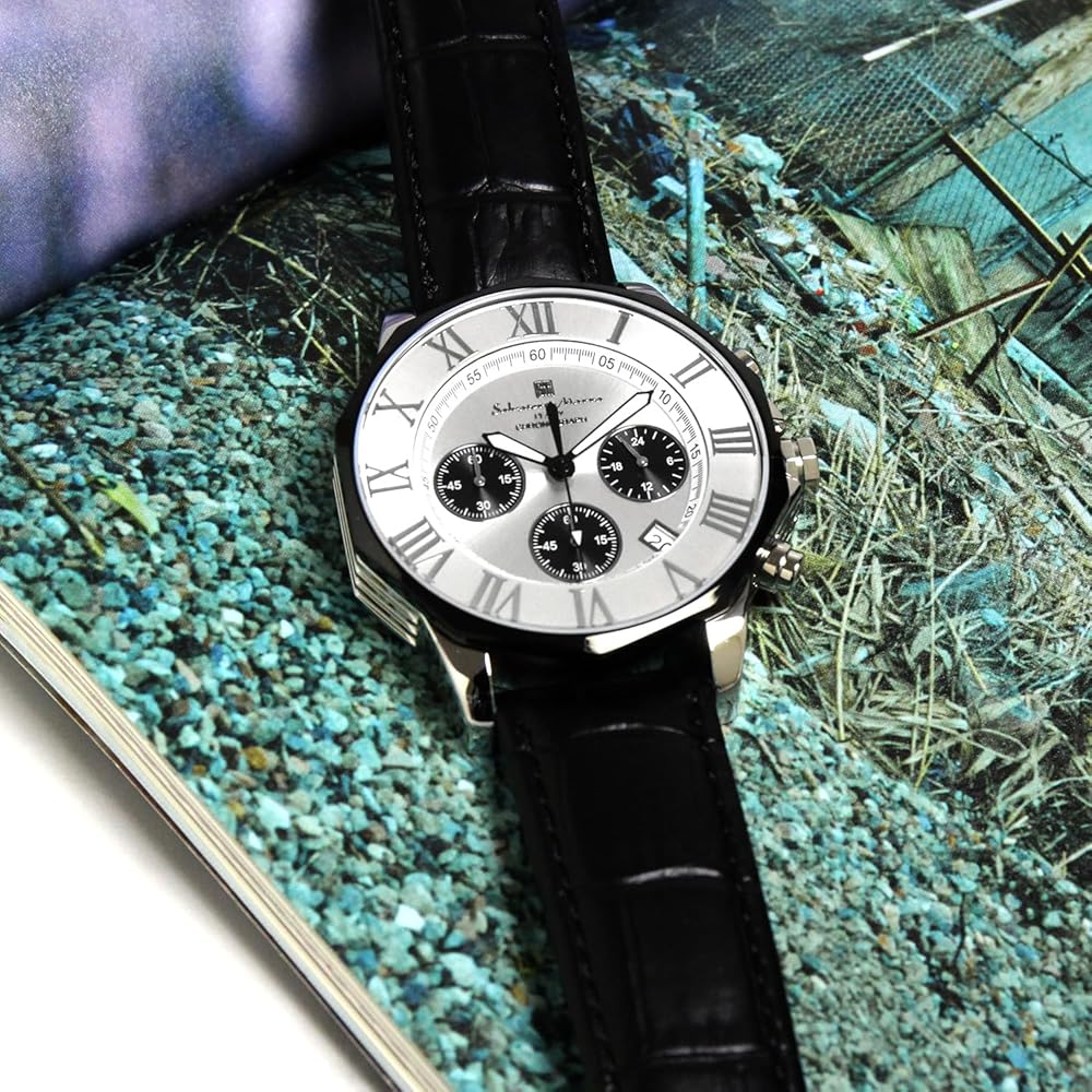 Salvatore Marra Chronograph Watch 10 ATM Water Resistant Men's Leather Strap Silver White Black Panda SM15104-SSWHBKLE