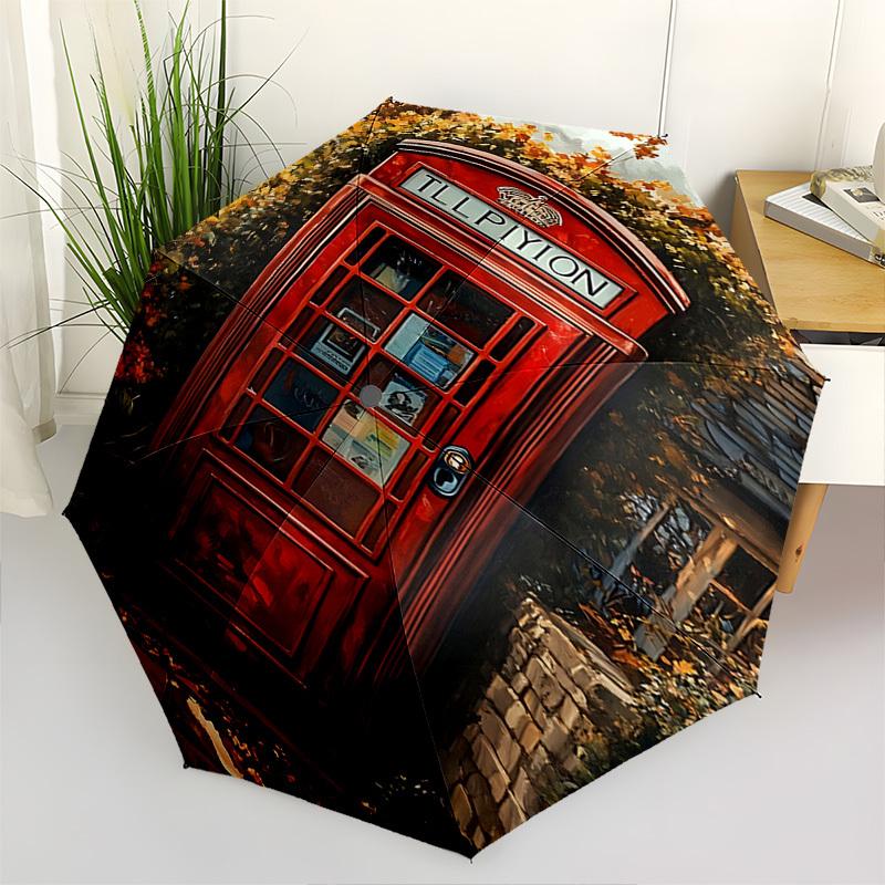 

Telephone booth, Autumn foliage Themed Automatic Opening and Closing Umbrella, Brightly Colored 8-rib Portable Umbrella, Suitable for Men an