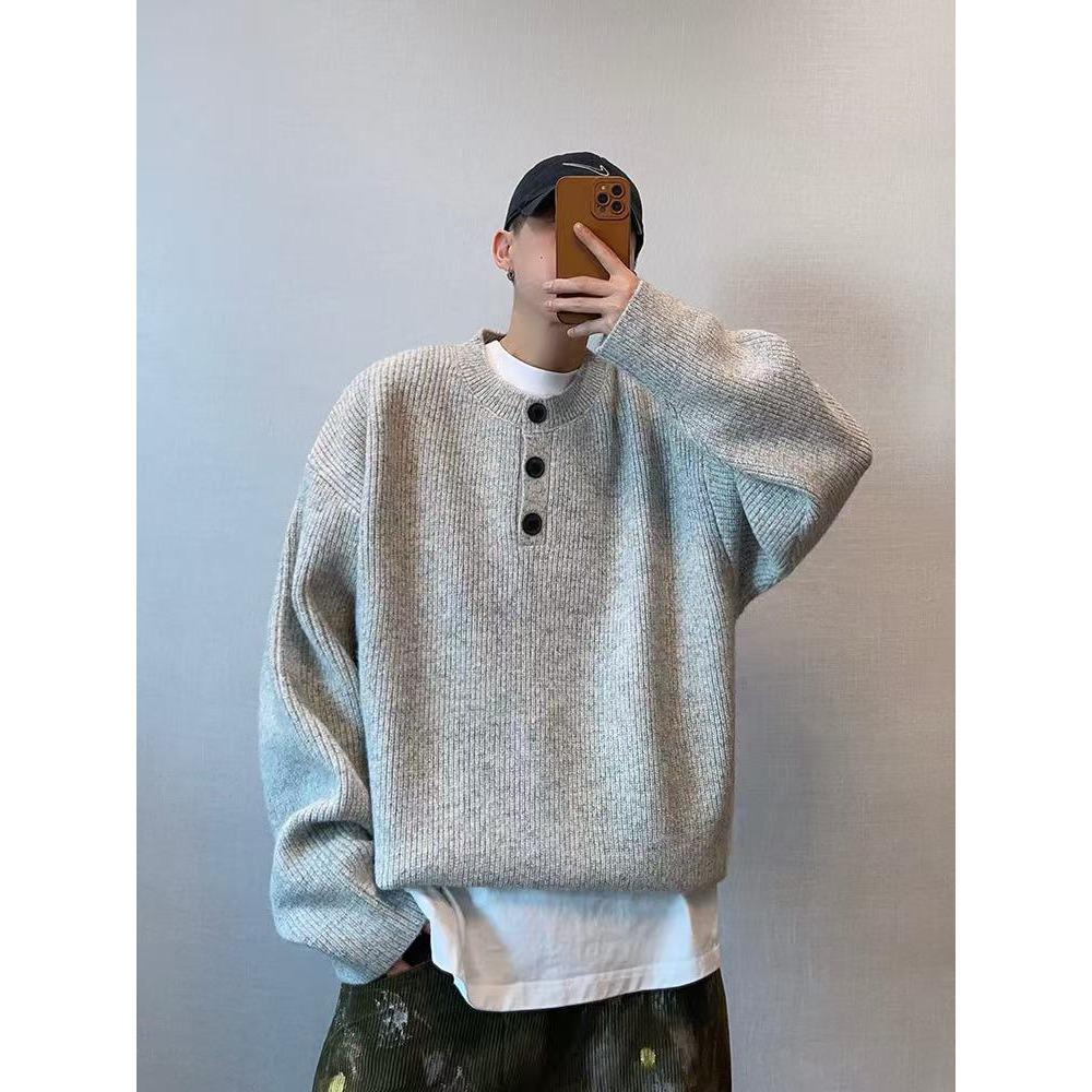 Men s Retro Henley Collar Knit Sweater - High-End Autumn/Winter Style 2XL