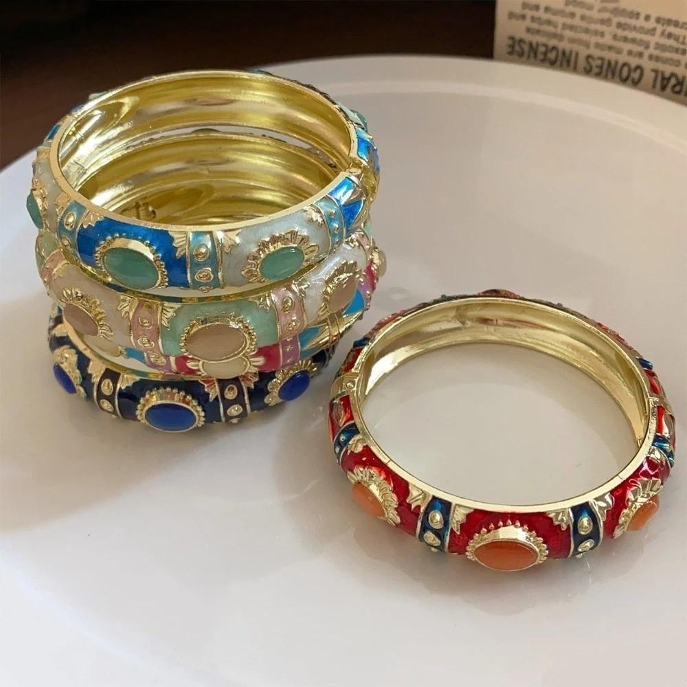 Enamel Floral Chinese Flower Bangle Cat's Eye Stone Women's Hand Bracelet Ladies