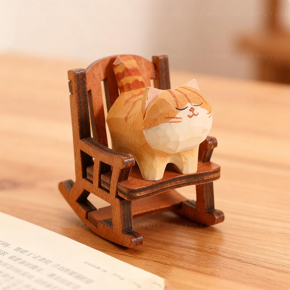 Cute Cat Animals Figurine Decorative Wooden Ornament Miniature Kitten Coffee Home Bedroom Office Desk Decoration Gift Statue