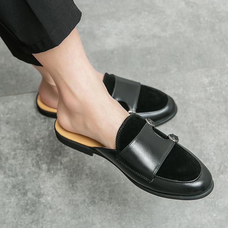 Baotou Half Drag Doudou Shoes Color Matching Leather Shoes Men's 2025 Summer New Men's Leathershoes