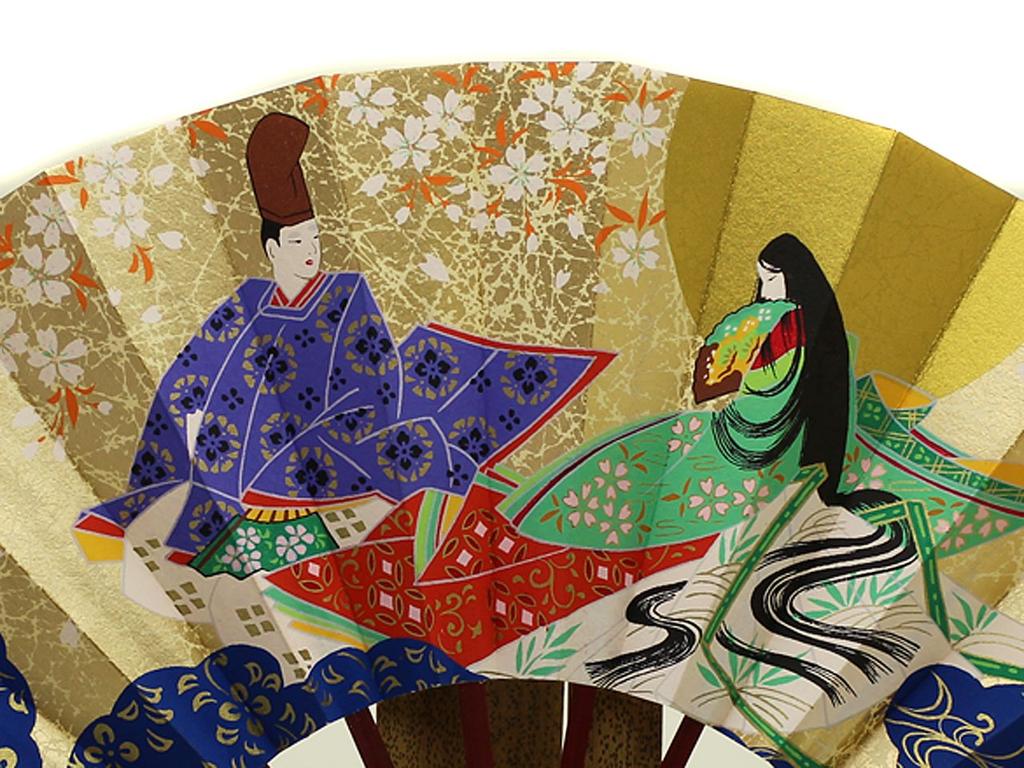decorative fan featuring the Tale of 9 made in with a fan stand and This fan features a Japanese pattern and is perfect for entryway interior or as a