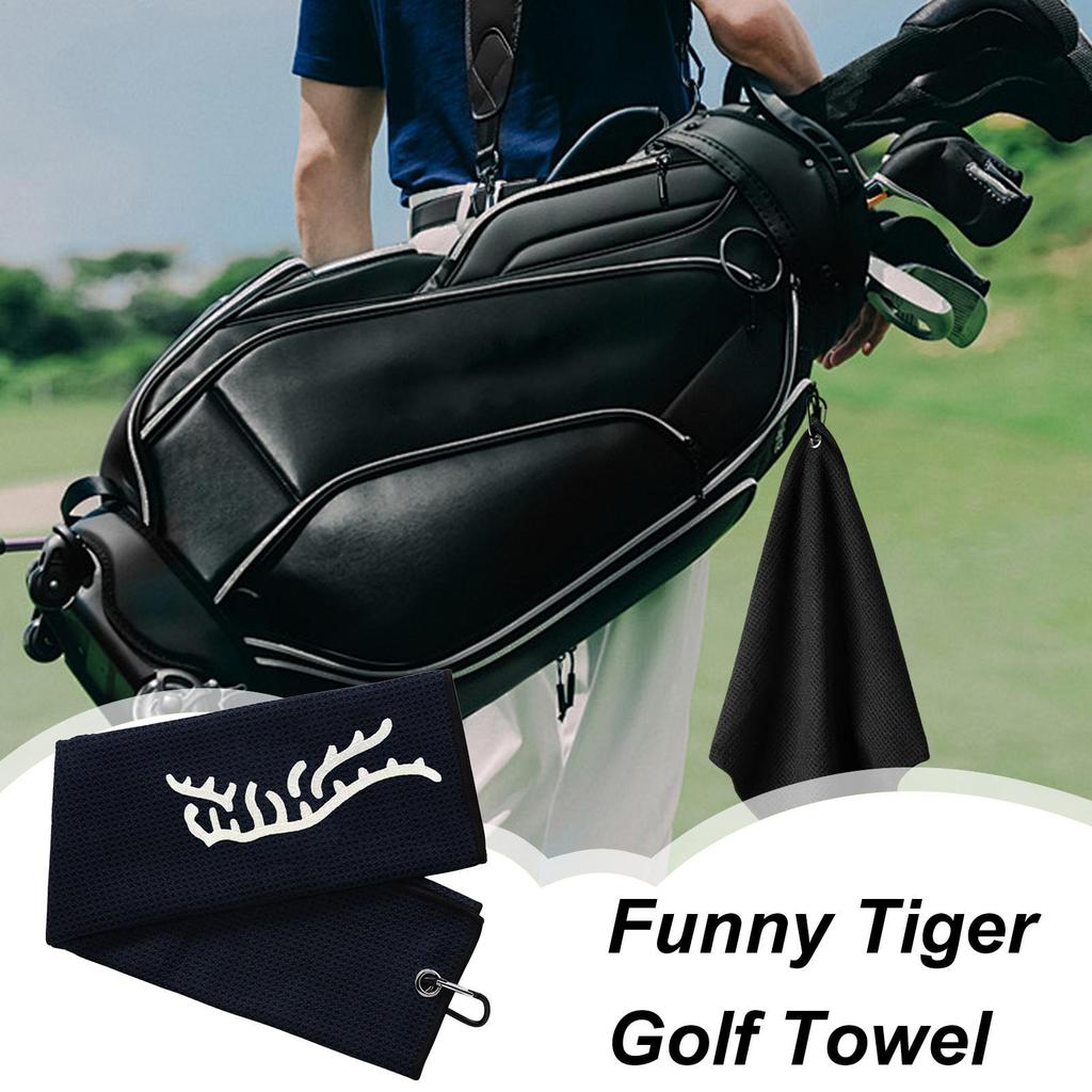 Black/Gray color Funny Tiger Embroidered Golf Towel, Microfiber, Hand Wash Only, Waffle Texture, Soft Material