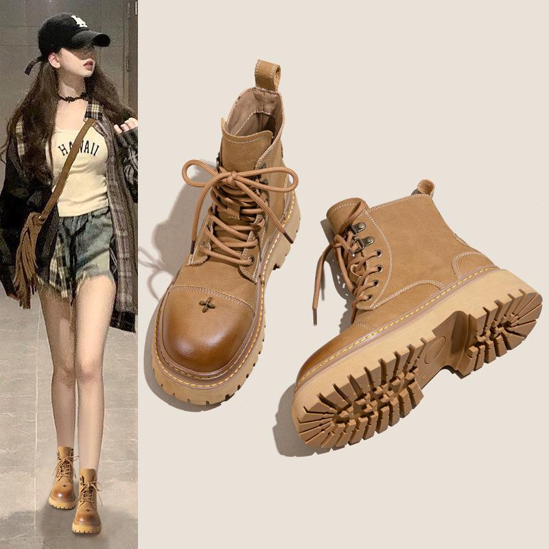 Leather platform Martin boots women's new British style cowhide 2025 spring and autumn single boots locomotive versatile velvet women's short boots