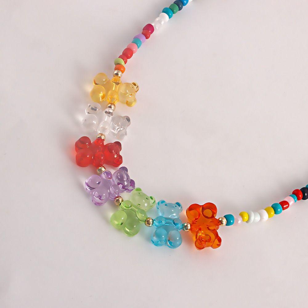 Bohemia Jelly Bear Necklace Charms Retro Colorful Ring Set INS Rice Bead Bracelet Party