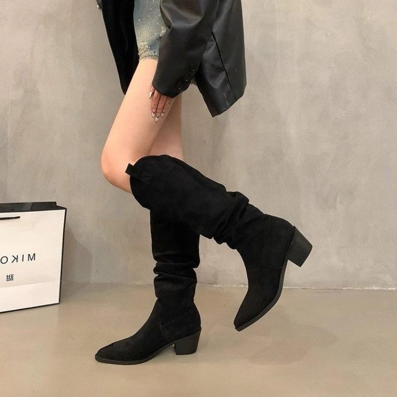 Retro coffee stacking boots autumn and winter new western cowboy high boots women s boots khaki velvet boots 40