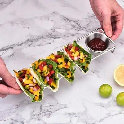 W-förmiger Edelstahl-Taco- und Tortilla-Halter mit Soßenbecher Multifunktionales Serviergeschirr für Tacos Burritos Kartoffelchips