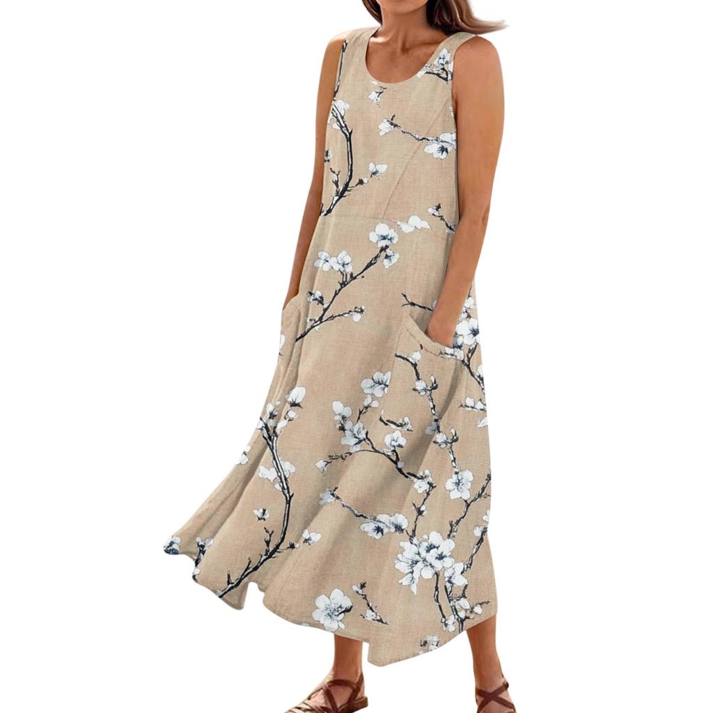 Women's Summer Casual Fashion Flower Printed Sleeveless Pocket Dress