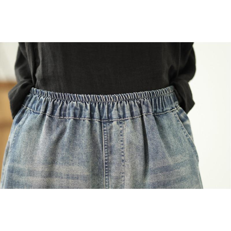 Dimanaf 2025 New Summer Basic Elastic Jeans Pants Women Loose Denim Printing Trousers Big Casual Blue Pants