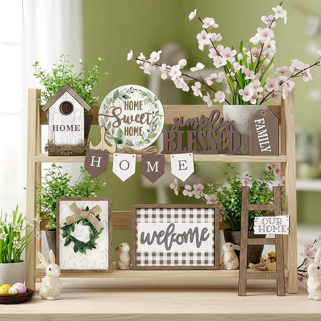Set of 11 Farmhouse Tiered Tray Set, Rustic Home Tiered Tray Decorations Wooden Signs Farmhouse Tabletop Wood Signs for Kitchen Table Shelf Decor