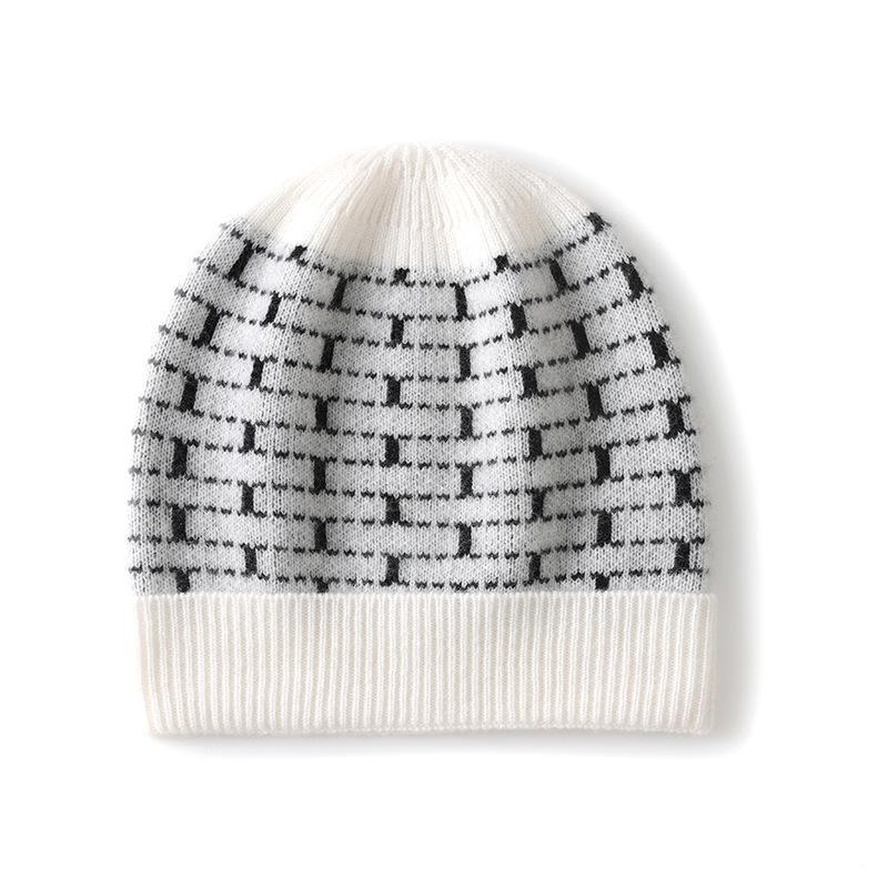 Kaschmir-Herbst- und Wintermütze: Hochwertige, farblich abgesetzte, karierte, dicke, warme Strickmütze für Damen und Herren