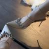 Summer new pointed rhinestone high heel thin heel purple word strap sandals half drag cool slippers outer wear women