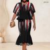Women Plus Size Two Piece Skirt Set Round Neck Batwing Short Sleeve Floral Printed White Ruffle Hem Top Fishtail Skirt
