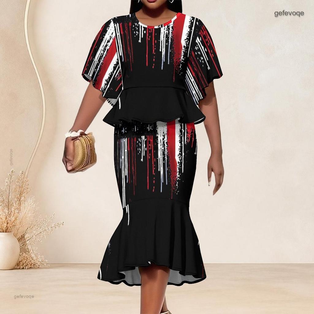 Women Plus Size Two Piece Skirt Set Round Neck Batwing Short Sleeve Floral Printed White Ruffle Hem Top Fishtail Skirt