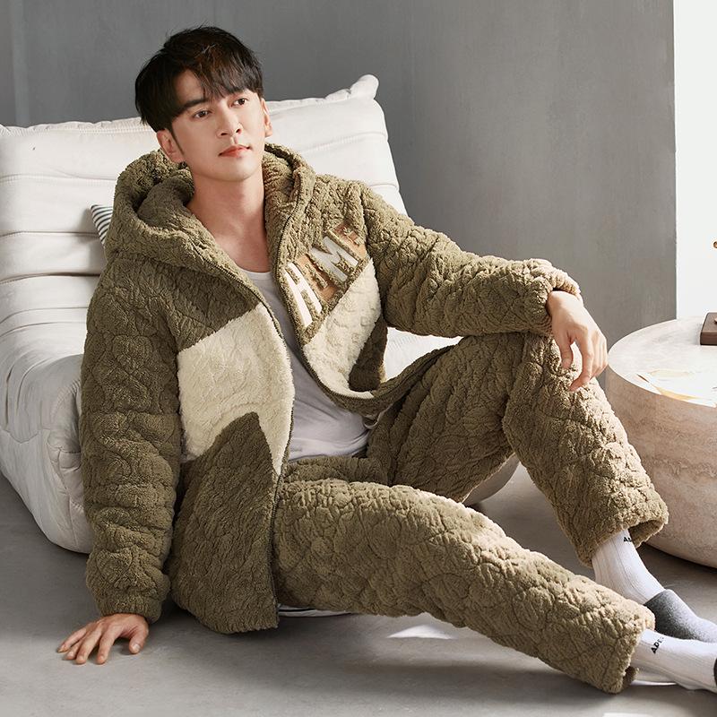 Coral Fleece Pajamas Men'S Winter Thickened Fleece Warm Men'S Autumn And Winter Three-Layer Cotton-Padded Loungewear