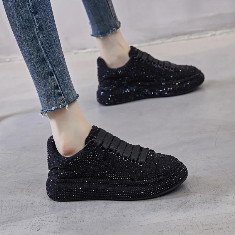Fashion 5cm New Rhinestone Genuine Leather Platform Wedge Casual Fashion Chunky Sneakers Spring Autumn Femals Ladies Lace Up Shoes