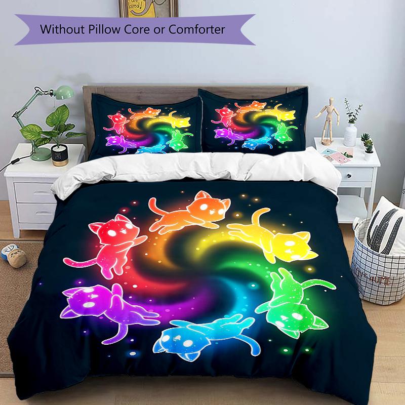 

3pcs Six Colorful Cute Kittens Quilt Set Cartoon Themed Bed Quilt Set Lovely Character Bedroom Decor Bed Quilt Set Four Seasons (1 Cover + 2Pillo 135x200cm