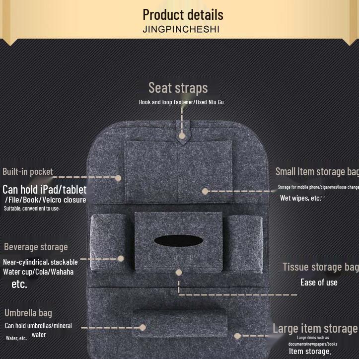 Car Seat Back Organizer: Multifunctional Felt Storage Bag with Pockets