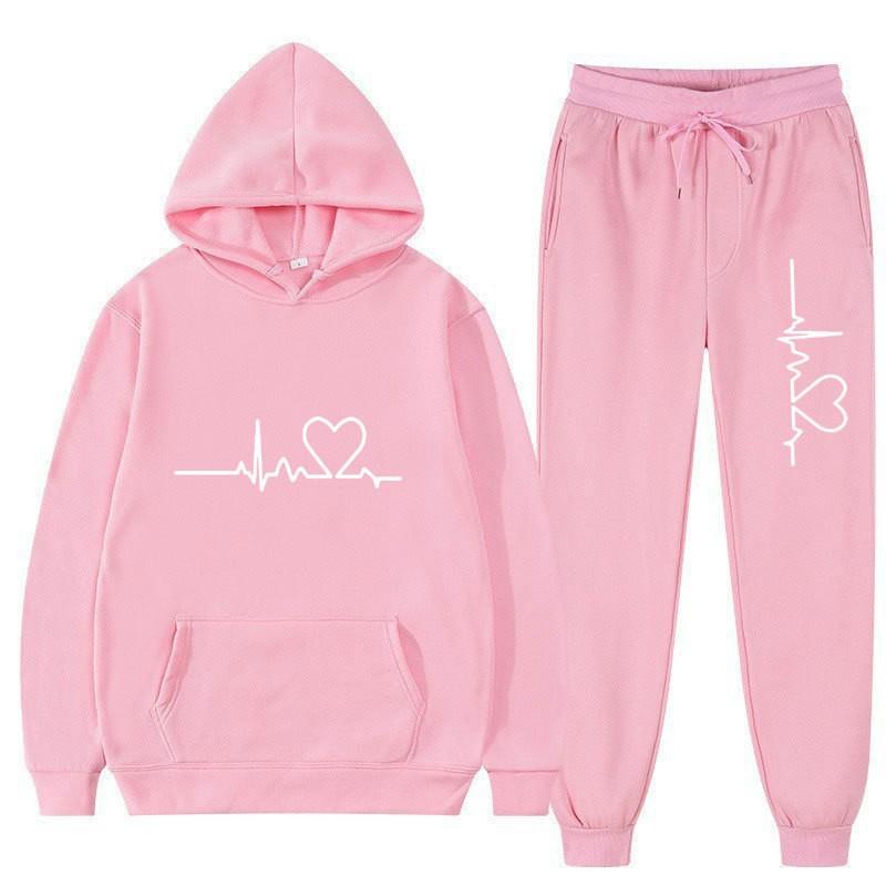 Unisex Oversized Hooded Sweatshirt Set With Heart Print Fleece Lined Casual Sportswear Fall