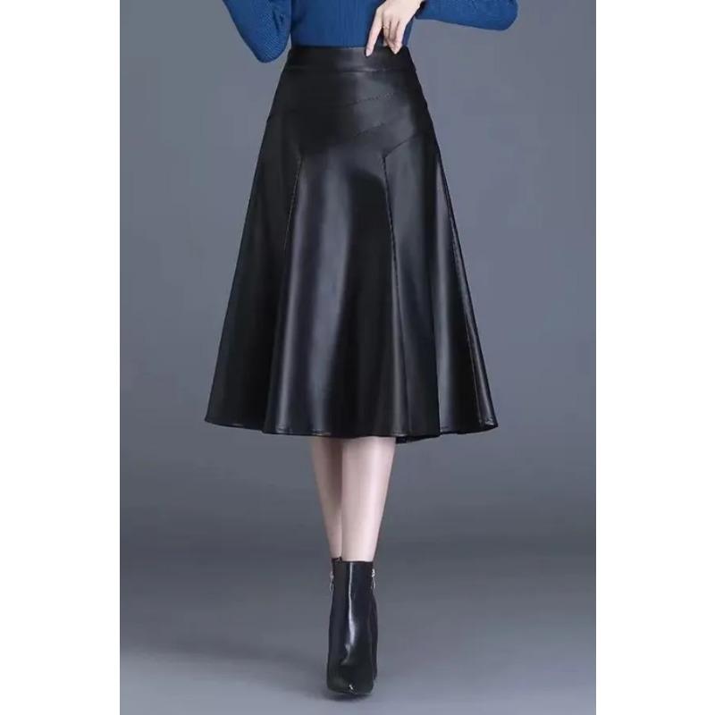 Women s High Waisted Faux Leather A-Line Midi Skirt S
