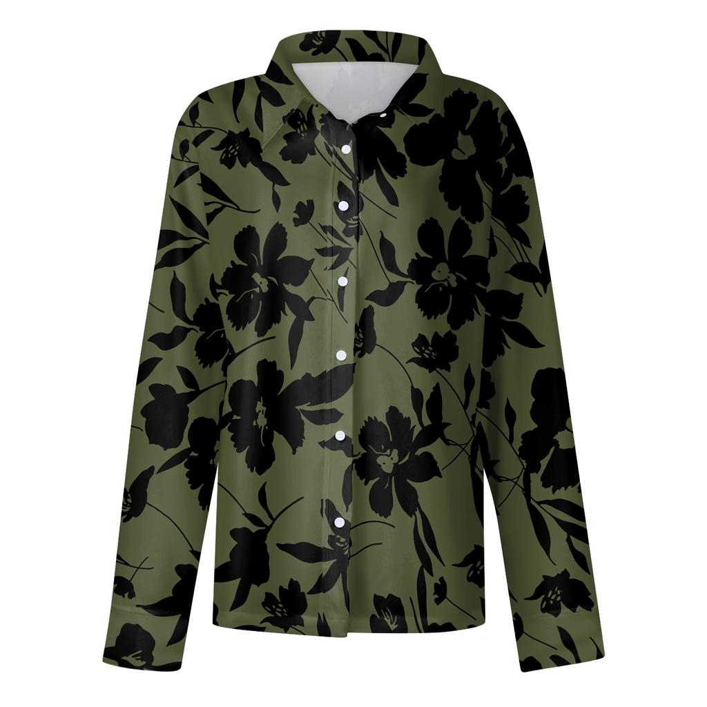 Dámská košile s knoflíky s květinovým potiskem, ležérní top s dlouhým rukávem a klasickým límečkem