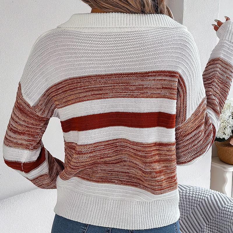 Women Autumn Winter Casual Polo Collar Contrast Stripe Long Sleeve Knit Pullover Sweater
