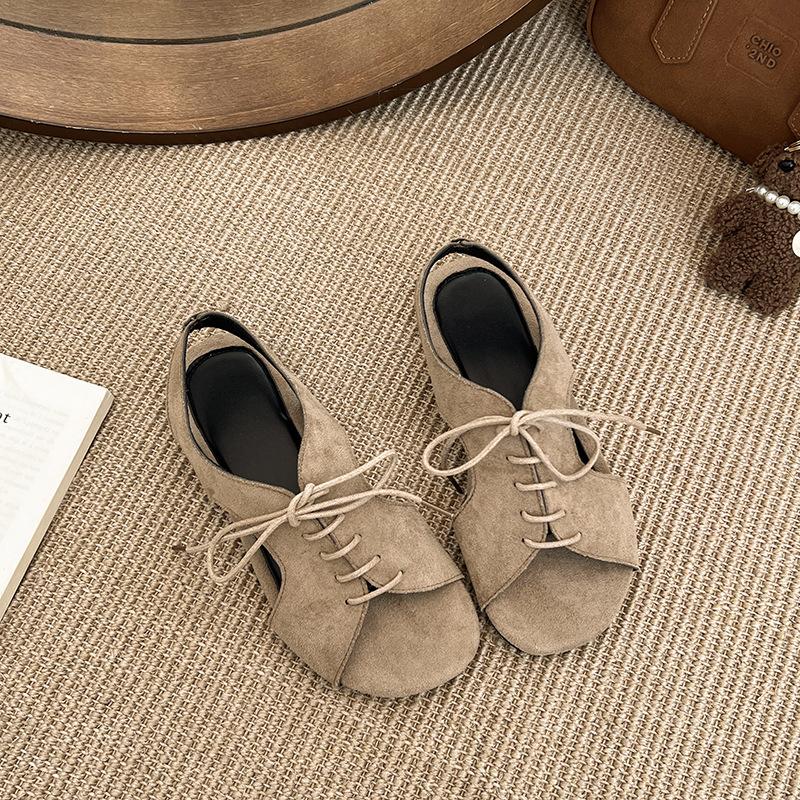 European, American and Roman lace-up round head sandals summer new thick-soled one-pedal round head open-toed front lace-up beach sandals