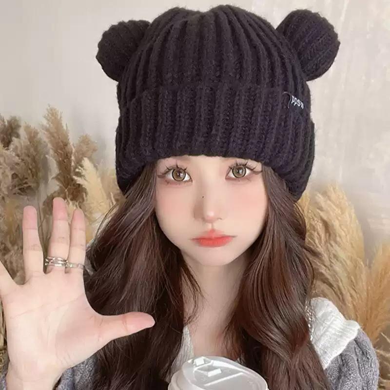 Cute Bear Knitted Wool Hat For Cycling Warm Cartoon Earmuffs Autumn And Winter