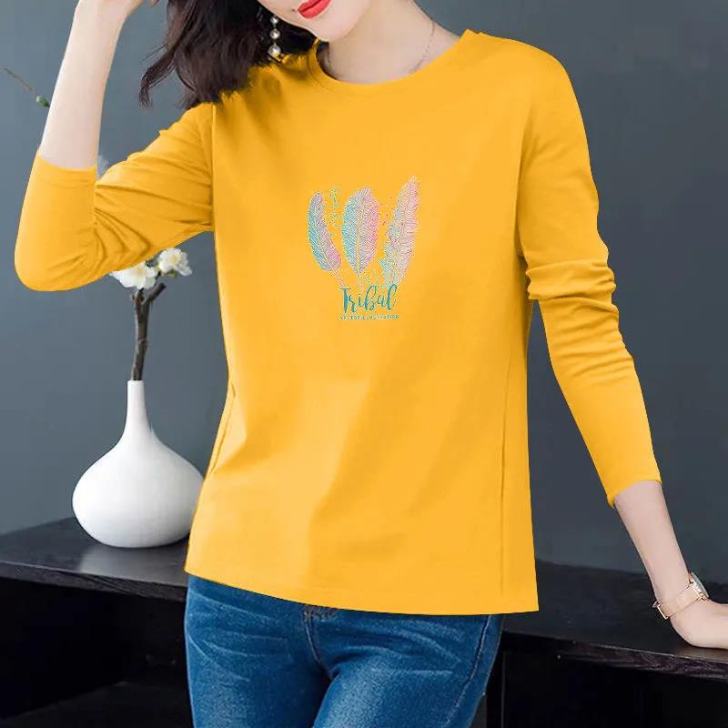 Baumwolle Frühling und Herbst Koreanischer Stil Langarm T-Shirt Damen Locker Übergröße Damen Rundhals Oberteil