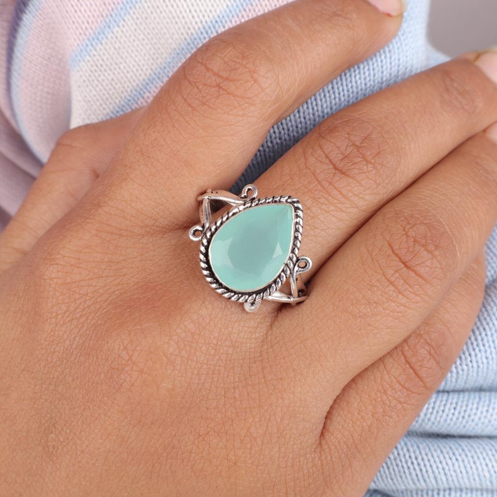 Natural Aqua Chalcedony Gemstone 925 Sterling Silver Jewelry Handcrafted Ring RR-57-21