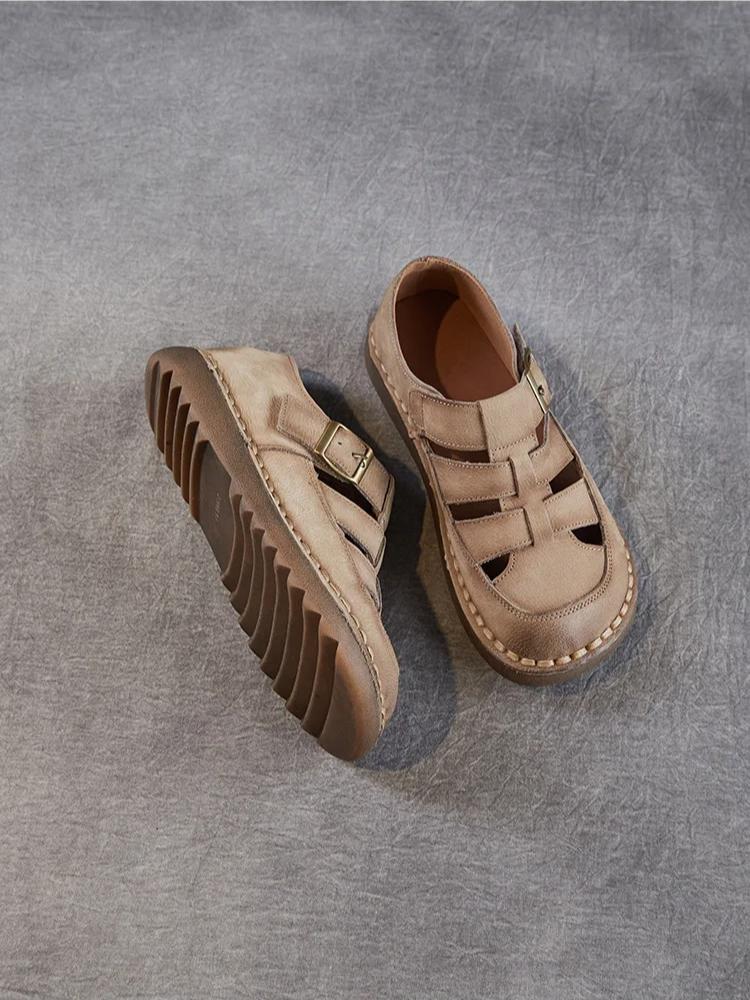 Johnature Genuine Leather Retro Round Toe Sandals Hollow-out Breathable Versatile Women's Flat Shoes