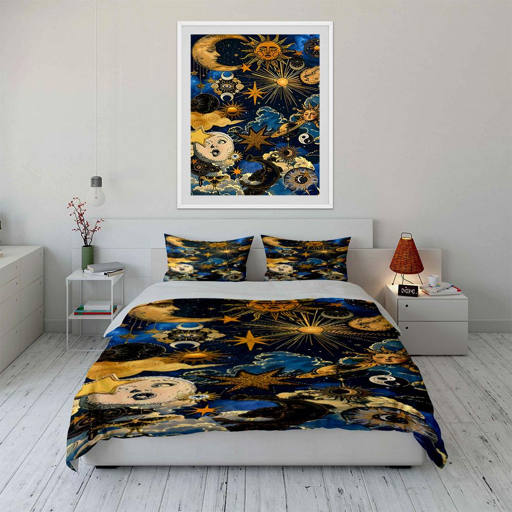 Golden cosmic elegance unfolds. Bedding sets Duvet covers Pillowcases(1* Duvet Cover 2* Pillowcases without duvet insert)