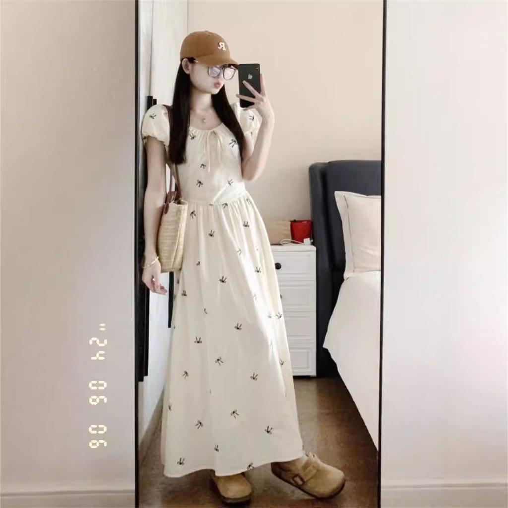 Coffee break French bubble sleeve dress women's summer new small waist temperament floral dress
