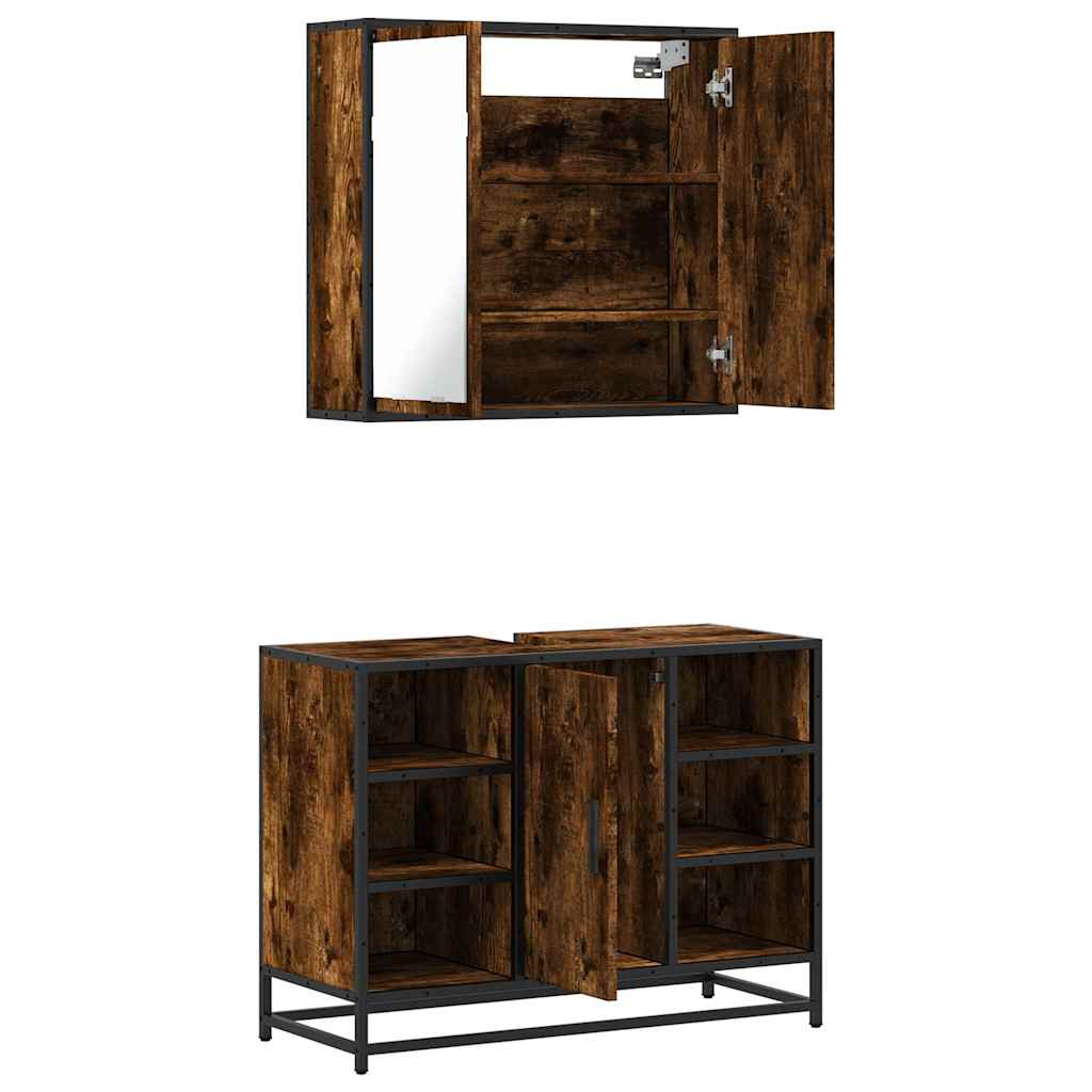 2 Piece Bathroom Furniture Set Smoked Oak Wood Based Material
