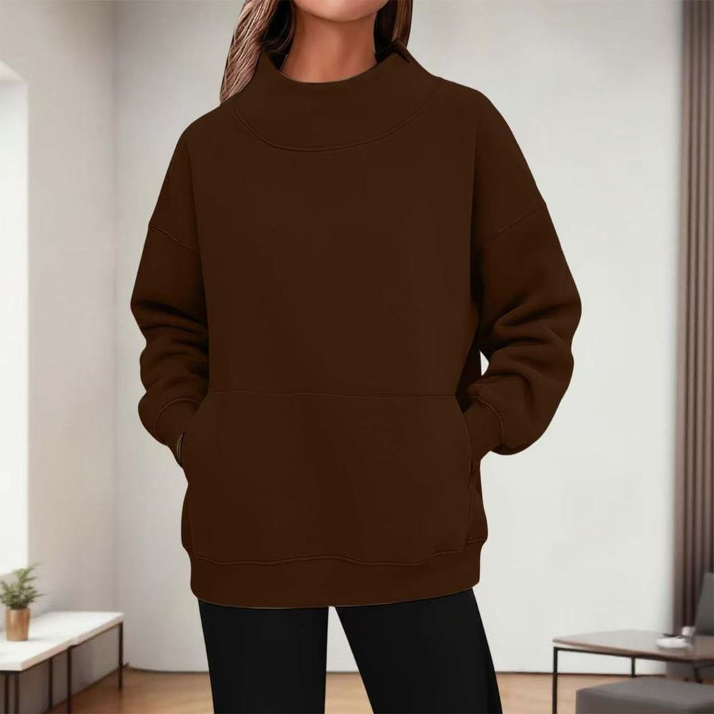 Women's Fashionable Casual Solid Color Round Neck Long Sleeved Pocket Sports Casual Pullover Sweatshirt Top