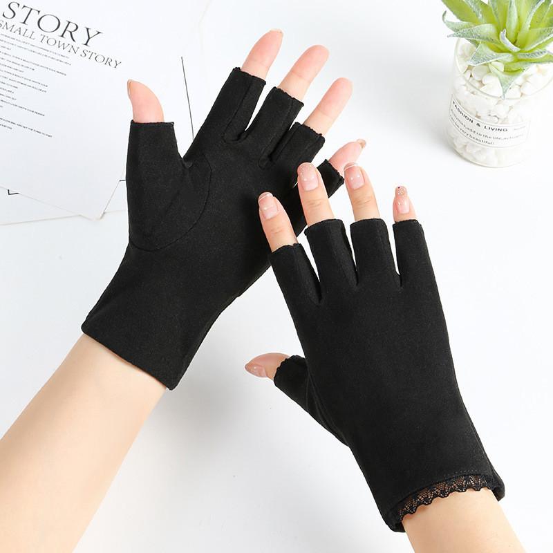 Теплые перчатки для девочек с обрезанными пальцами из ткани Деронг для учебы и сбора чая GlossyBlack
