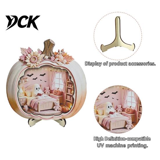 Cute Pastel Pumpkin Ornament Halloween Ghost Wooden Plaque, 2D Flat Tabletop Sign, Handmade Sign Spooky Bathing Reading for Home Office Mantel