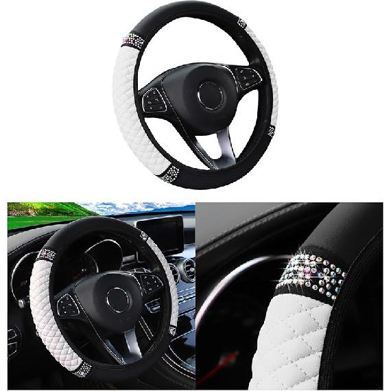 Bling Car Steering Wheel Cover, 15 Inch Rhinestones Soft Leather Elastic Steering Wheel Protector, Sparkly Crystal Diamond For Women Girls, Car