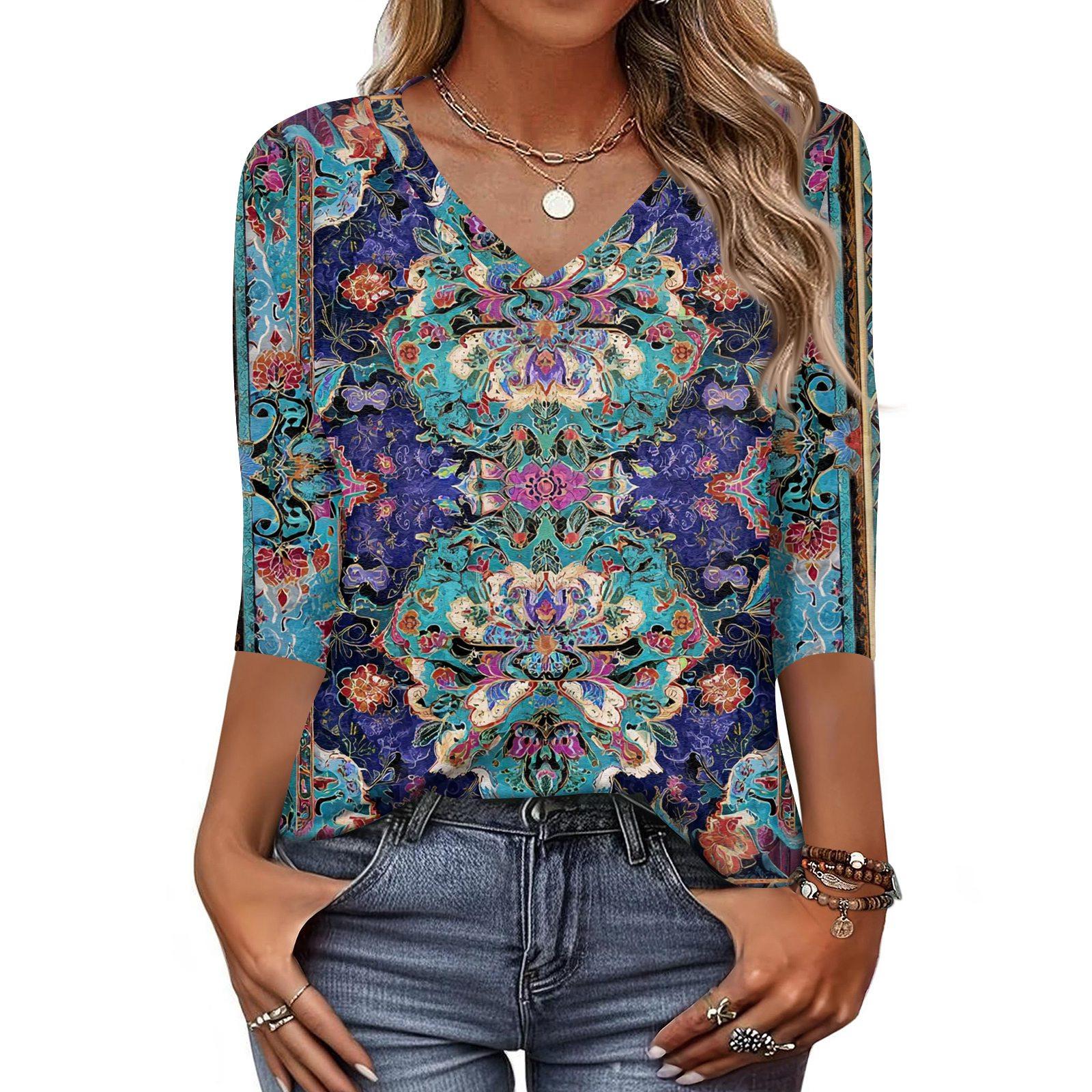 

Женская футболка с принтом, рукав 3/4, повседневная мода на выходные, базовый топ с V-образным вырезом M циан