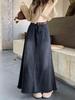 Black Retro Washed Denim Frayed High Waist A-Line Midi Skirt for Women - Autumn Design