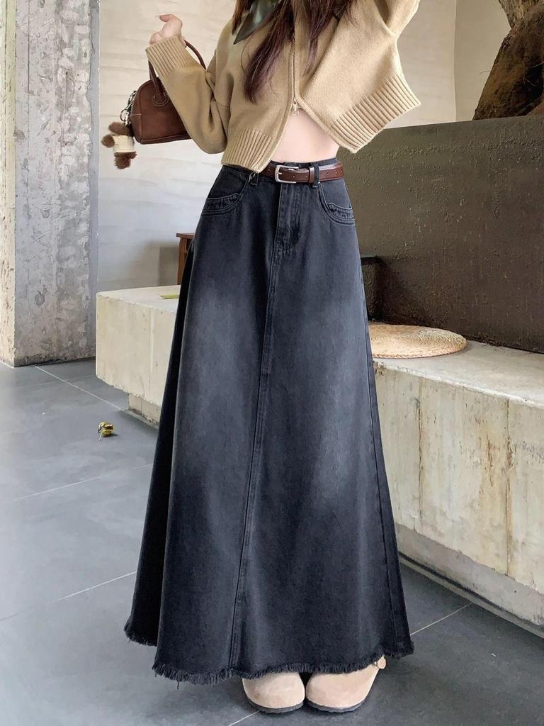 Black Retro Washed Denim Frayed High Waist A-Line Midi Skirt for Women - Autumn Design