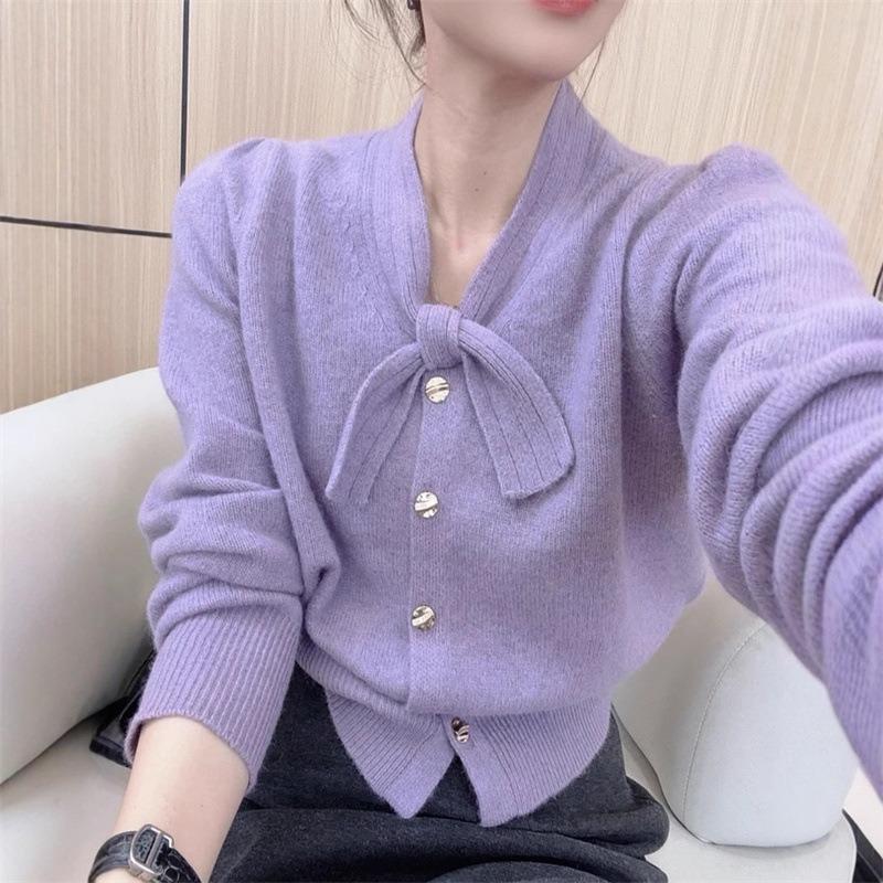 Bow Neckline Solid Color Knitted Sweater Autumn Large Size Fat MM Elegant Temperament Fashion Cardigan Long Sleeve Top