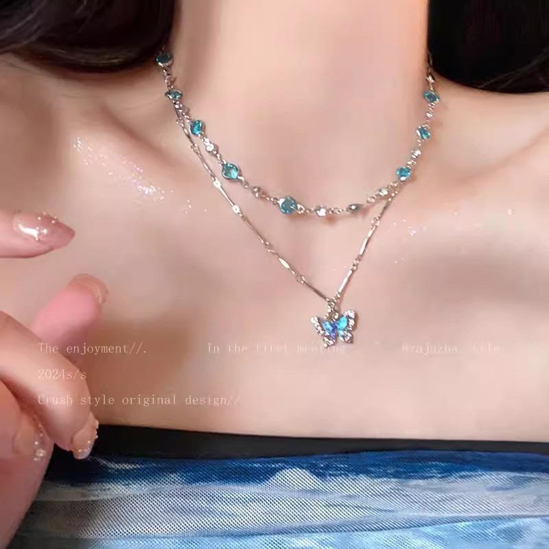 Summer Wind Blue Butterfly Necklace Girl Cool Advanced Sense Design Collarbone Chain Double Layer Niche