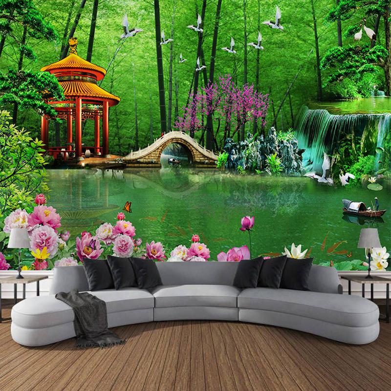 Art Curtain Hanging Cloth Home Bedroom Living Room Decoration Green Bamboo House Bridge Landscape Wall Tapestry