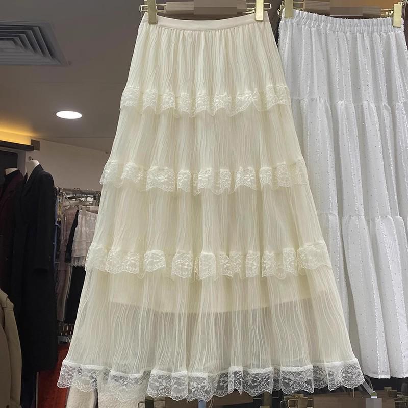 2025 Spring/Summer Women's Lace & Tulle Tiered Midi Skirt with Elastic Waist