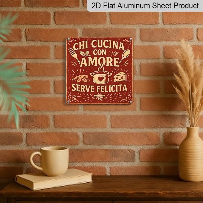 2D Flat, 1pc Italian Retro Metal Sign- Country Wall Art with Who Cooks with Love Will Be Happy- Frameless Home Decoration Kitchen, Garden, Cafe, Bar